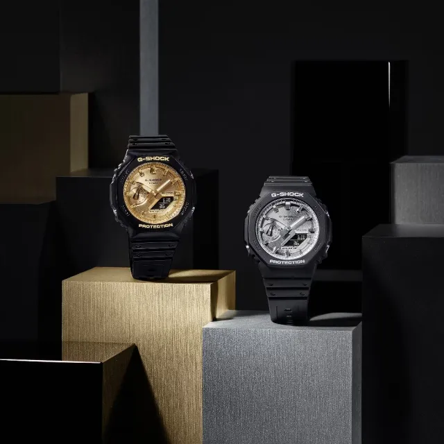 【CASIO 卡西歐】冷酷精緻金屬色彩八角形雙顯錶 45.4mm(GA-2100GB-1A)