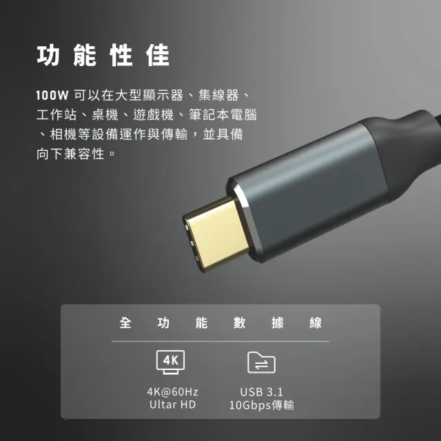 【TeZURE】100W Type-C to Type-C 黑色2米(支援蘋果PD3.0 相容android向下支援)