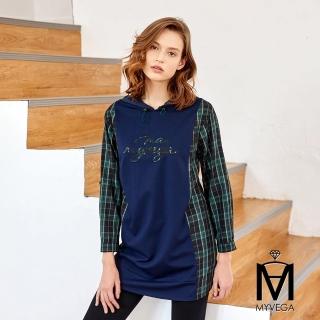 【MYVEGA 麥雪爾】MA格紋拼接LOGO刺繡連帽上衣-綠