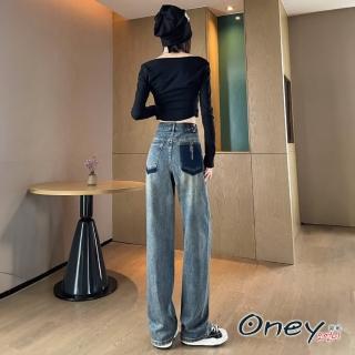 【ONEY 歐妮】★高腰直筒窄版撞色牛仔褲(女褲/長褲/休閒)
