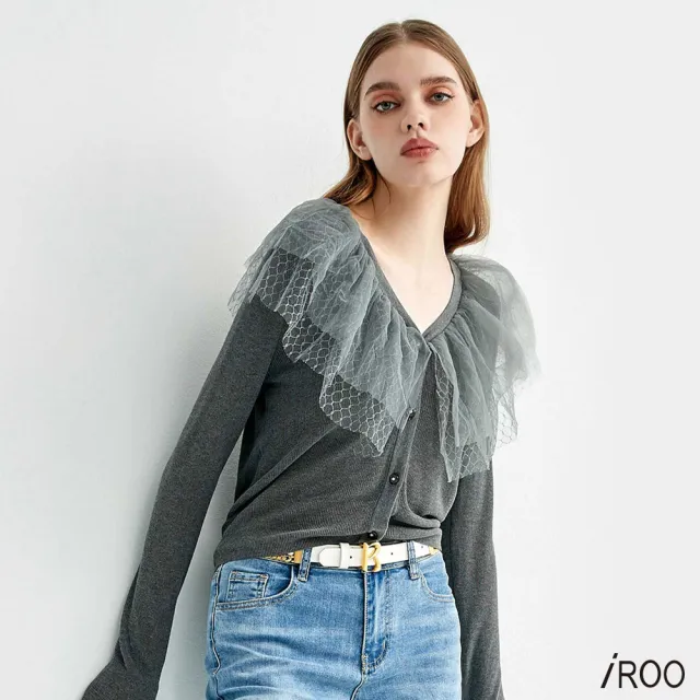 【iROO】雙層網紗荷葉針織外套