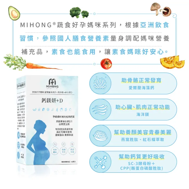 【MIHONG 米鴻生醫】鈣鎂妍+D x1盒(60顆/盒)-素食可食-添加海藻鈣.海水鎂.D3.K2.紅石榴.燕窩