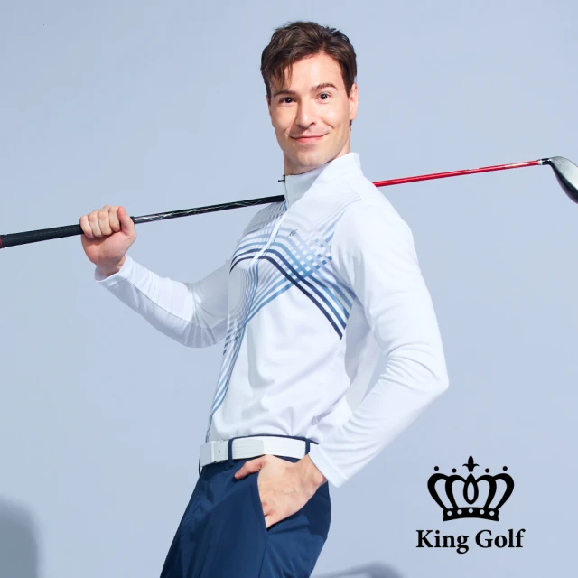 KING GOLF 門市新品-男款薄款立領拉鍊線條圖形長袖POLO衫/高爾夫球衫(白色)