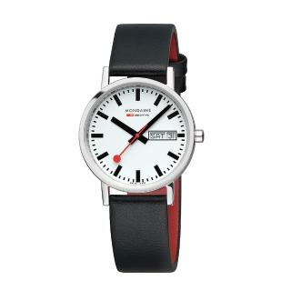 【MONDAINE 瑞士國鐵】Classic Vegan 葡萄皮革 DayDate雙曆腕錶 黑色(667411V / 36mm)