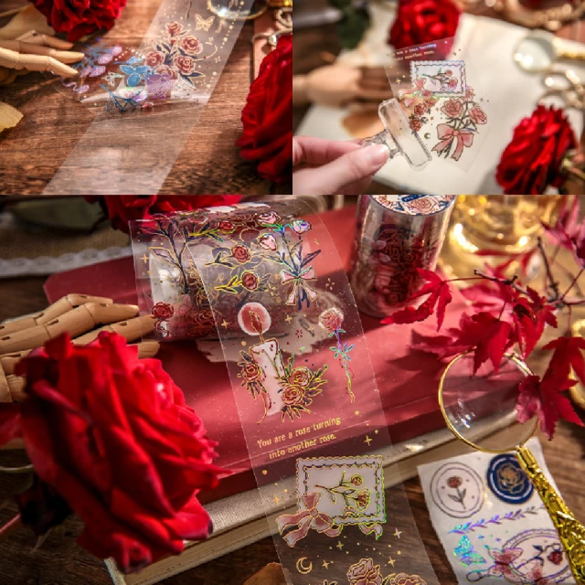浮雕燙金透明玫瑰貼紙捲(DIY 手繪 花朵 手帳素材包 膠帶 貼畫 蝴蝶 裝飾貼 手工卡片 筆記本)