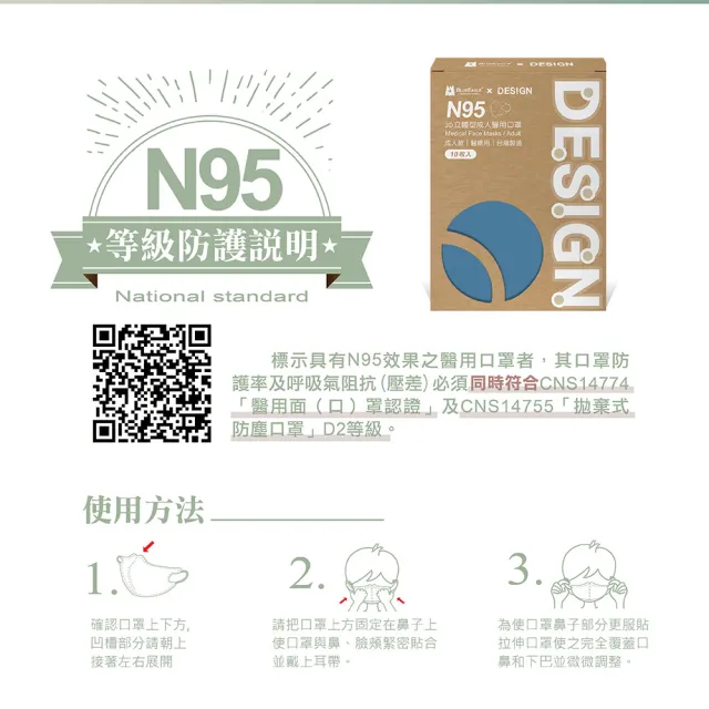 【藍鷹牌】N95立體型醫用成人口罩 自然原色系列 10片x2盒(六色可選)