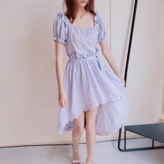 【BBHONEY】泡泡袖蕾絲滾邊前短後長洋裝(浪漫洋裝)