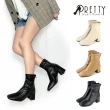 【Pretty】女鞋 短靴 粗高跟 方頭 素面 側拉鍊 韓系(米色、杏色、黑色)