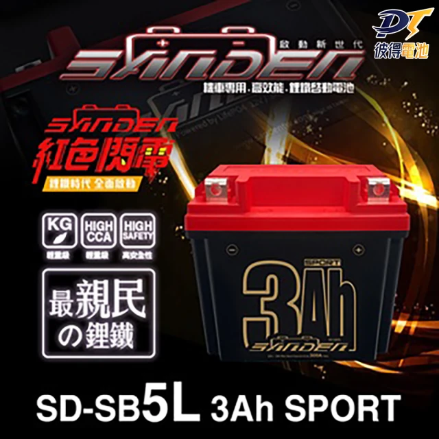 SANDEN 紅色閃電 SD-SB5L 容量3AH 機車鋰鐵電池(對應YTX5L-BS、GTX5L-BS、MG5L-BS-C、MTZ6S)