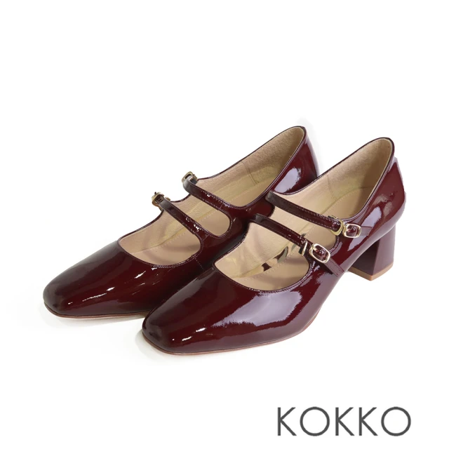 KOKKO 集團 復古優雅小方頭雙繫帶粗跟瑪莉珍鞋(可可色)