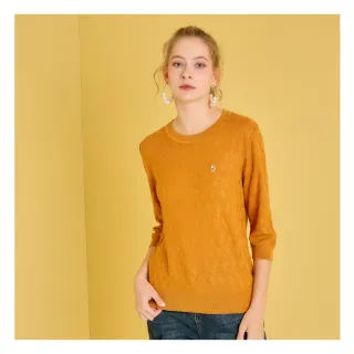 【YUTZUYA 優姿雅】璀璨金鑽5號綴飾葉紋針織杉/上衣-流沙黃(七分袖/高彈力/輕盈溫暖/薄毛衣)