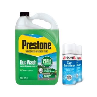 【PRESTONE 百適通】強效亮澤雨刷精*1&車用除臭淨化噴霧*2(清潔擋風玻璃/除蟲屍粉塵/除臭煙味黴味汽油精)