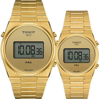 【TISSOT 天梭】官方授權 PRX Digital 數位石英對錶 情侶手錶 送行動電源(T1374633302000+T1372633302000)