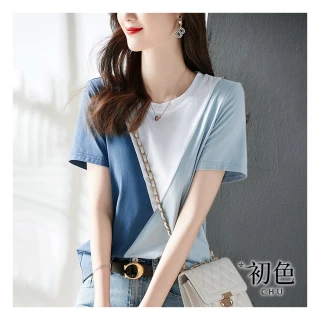 【初色】簡約撞色拼接短袖T恤-藍色-60899(M-2XL可選/現貨+預購)