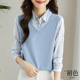 【初色】假兩件V領無袖背心拼接翻領長袖印花襯衫女上衣-灰藍色-30196(M-2XL可選)