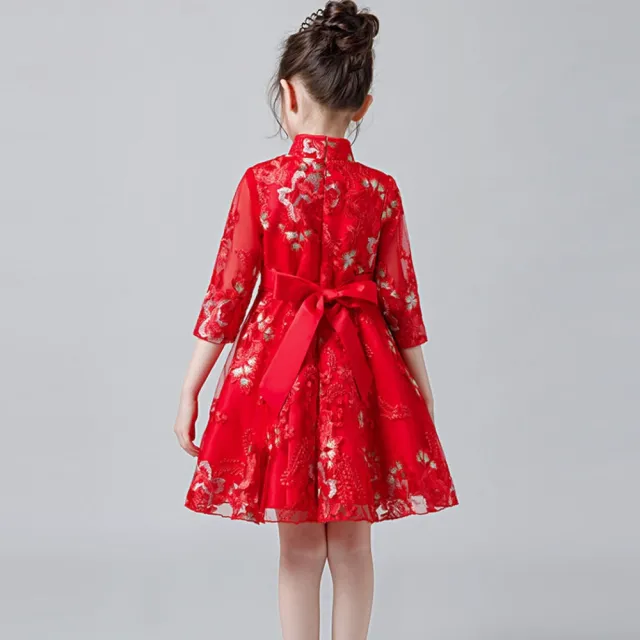 【橘魔法】中國風蕾絲刺繡花紋旗袍(旗袍 連身洋裝 禮服 大童 連身裙 女童 兒童 童裝)