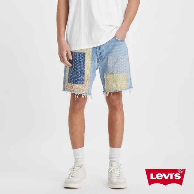 LEVIS 男款 501 93復古膝上排釦直筒牛仔短褲 / 精工淺藍石洗 / 異材質補丁 熱賣單品