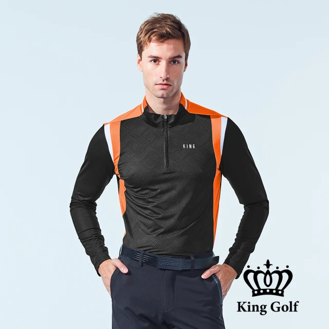 KING GOLF 門市新品-男款線條感暗格印花立領拉鍊PO