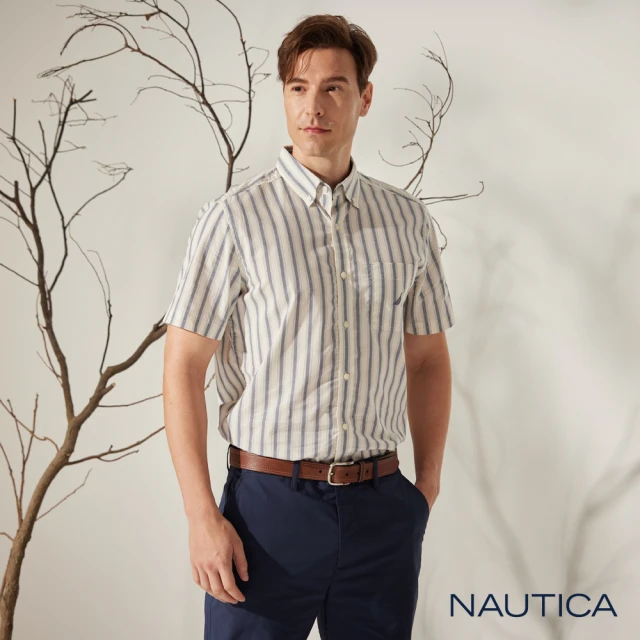 NAUTICA 男裝 滿版圖騰造型彈性長袖襯衫(淺藍)好評推
