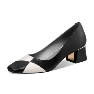 【KissXXX】真皮跟鞋 粗跟跟鞋/真皮頭層牛皮幾何色塊拼接復古粗跟鞋(黑白)