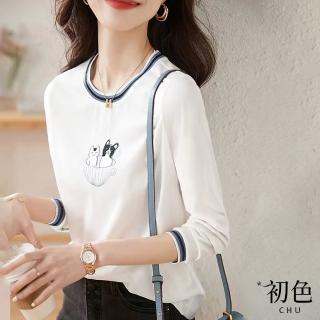 【初色】圓領刺繡撞色長袖T恤上衣女上衣-白色-30372(M-2XL可選)