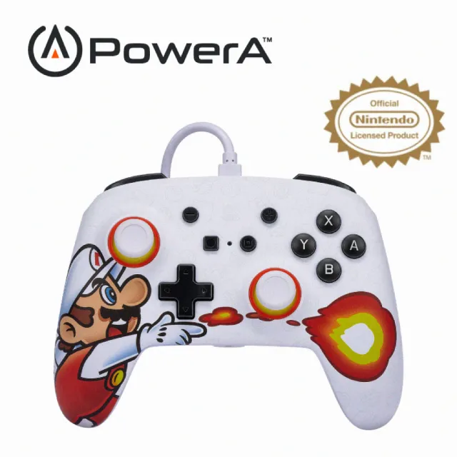 【PowerA】任天堂官方授權 Switch 副廠 增強款有線遊戲手把(1526549-01-火焰馬力歐-白)