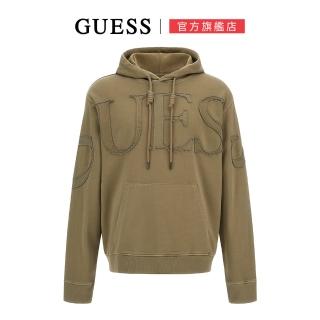 【GUESS】個性素色拼接LOGO帽T(綠)