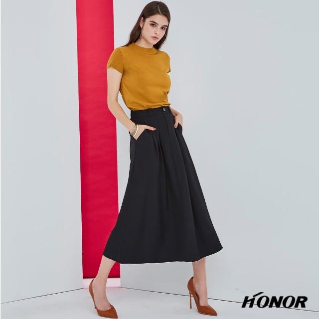 【HONOR 山形屋】高腰百褶鈕扣長裙-卡其/黑(MOMO獨家限定)