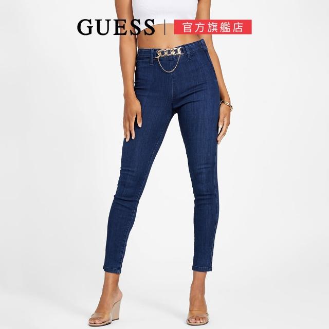 【GUESS】修身顯瘦金屬腰鍊牛仔長褲(藍)