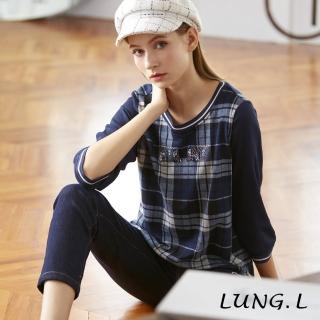【LUNG.L 林佳樺】LN59A 藍色格紋前片燙鑽七分袖女裝上衣(加大尺碼)