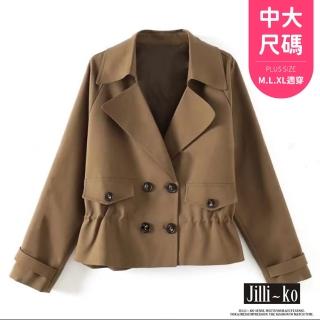 【JILLI-KO】雙排扣翻領抽繩收腰短款風衣外套中大尺碼-F(黑/咖)
