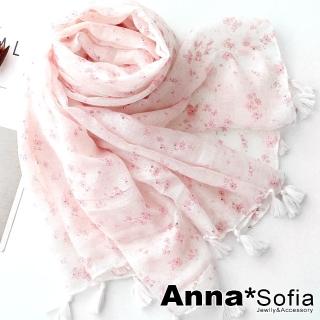 【AnnaSofia】保暖柔軟棉麻感披肩圍巾-柔美流蘇墜 現貨(粉花紛飛-白底系)