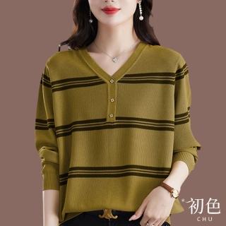 【初色】拼接螺紋袖口條紋長袖V領寬鬆大碼針織衫上衣-共4色-31238(F可選)