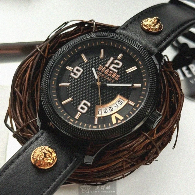 【VERSUS】VERSUS VERSACE手錶型號VV00370(黑色錶面黑錶殼深黑色真皮皮革錶帶款)