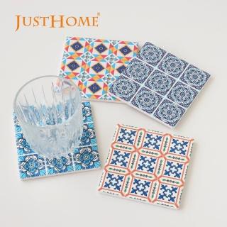 【Just Home】復古花磚造型陶瓷軟木方型杯墊4入組(杯墊 陶瓷杯墊)