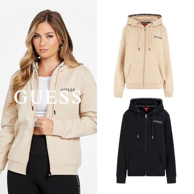 【GUESS】素色滾邊LOGO連帽外套(兩色可選)