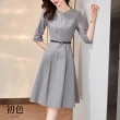 【初色】素色腰帶收腰七分袖連身連衣裙洋裝-灰色-66462(M-2XL可選)