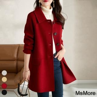 【MsMore】雙面絨羊毛感大衣高階手工長袖毛呢外套韓版赫本風中長版#119982(黑/灰/紅/駝)
