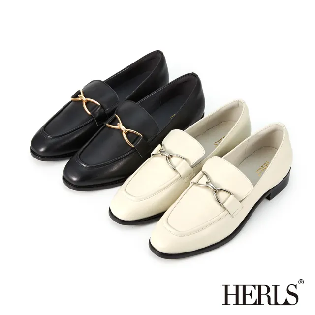 【HERLS】樂福鞋-全真皮蝴蝶結釦飾小方頭低跟樂福鞋(白色)