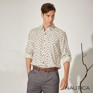 【NAUTICA】男裝 復古風格帆船圖騰長袖襯衫(米白)
