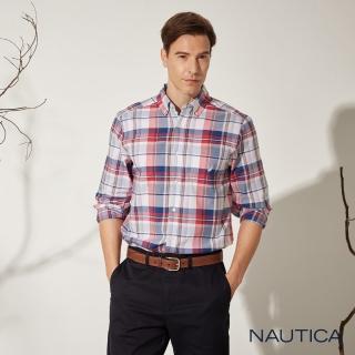 【NAUTICA】男裝 撞色中格紋環保材質長袖襯衫(紅藍)