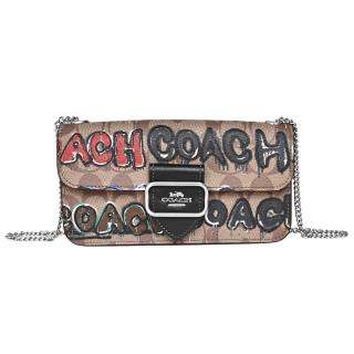 【COACH】PVC Logo街頭塗鴉文字T釦翻蓋鍊帶橫式斜背包(卡其黑邊)