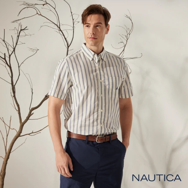 【NAUTICA】男裝  藍白條紋百搭短袖襯衫(白)