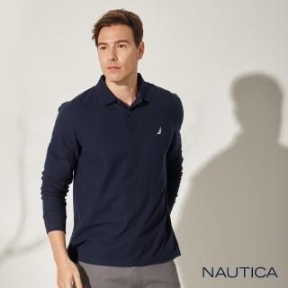 【NAUTICA】男裝 吸濕排汗百搭素面長袖POLO衫(深藍)