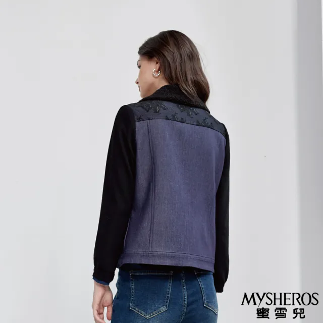 【MYSHEROS 蜜雪兒】異材拼接外套 毛翻領排釦設計 蕾絲優雅裝飾(藍)