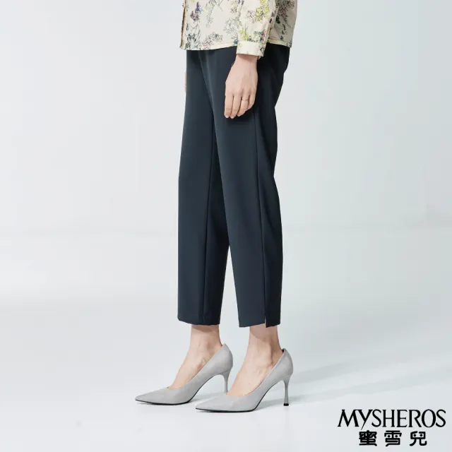 【MYSHEROS 蜜雪兒】雪紡特色長褲 腰頭設計釦拉鍊 修身顯瘦剪裁(鐵灰)