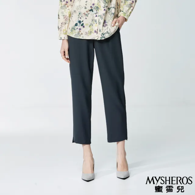 【MYSHEROS 蜜雪兒】雪紡特色長褲 腰頭設計釦拉鍊 修身顯瘦剪裁(鐵灰)