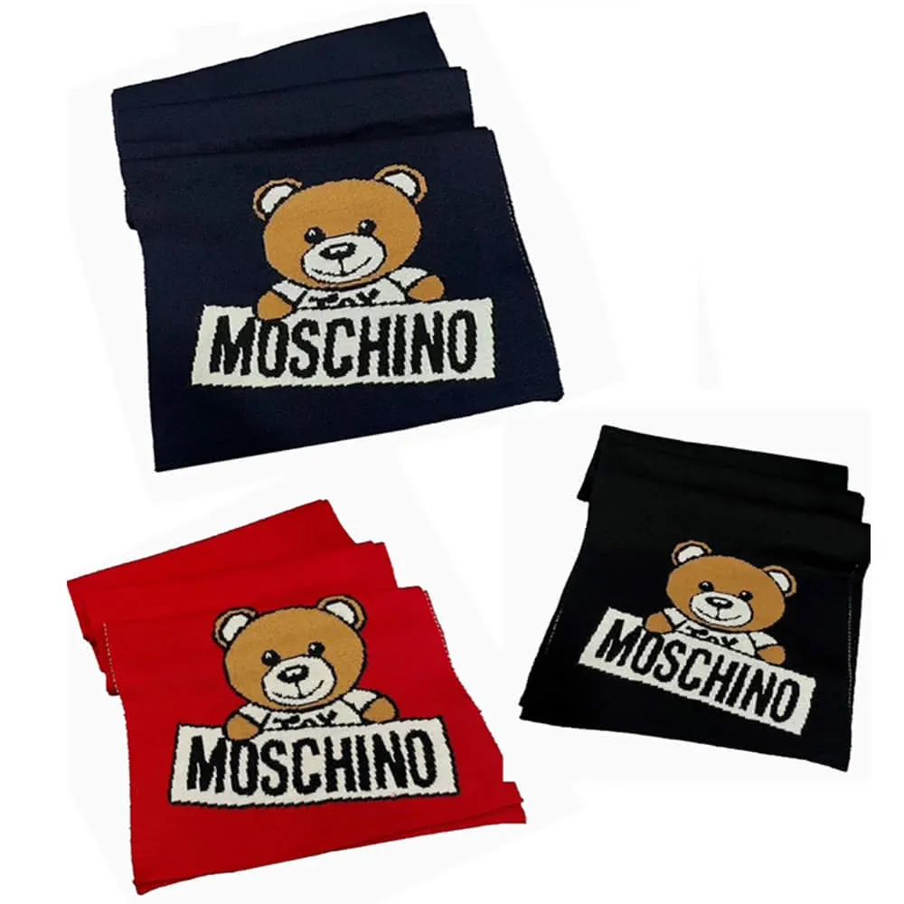 【MOSCHINO】羊毛黑字熊熊圍巾(黑色/紅色/深藍)