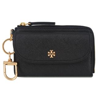 【TORY BURCH】EMERSON系列 防刮牛皮皮革 立體金LOGO 鑰匙圈 卡包 零錢包 手拿包(經典黑)