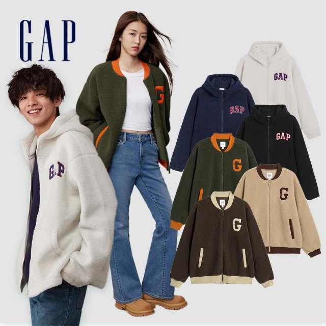 GAP 男女同款 Logo仿羊羔絨立領棒球外套-深棕色(841338)